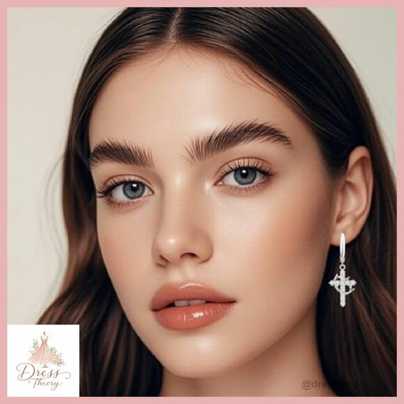 Silver Cross Dangle Earrings with Rhinestones, 360° Rotating Design - Picture 6 of 7